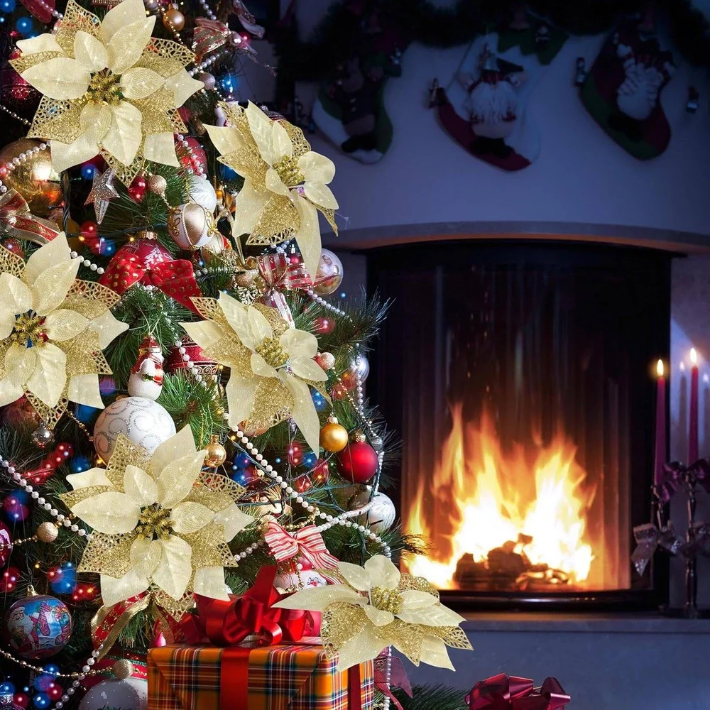 12pc Champagne Gold Glitter Poinsettia Christmas Tree Ornaments with Clips 8.7in